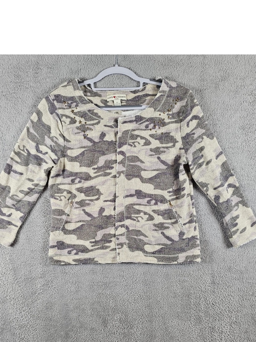 Love Change Italy Camo Cropped Knit Cardigan XL Beige Jacket Open Front